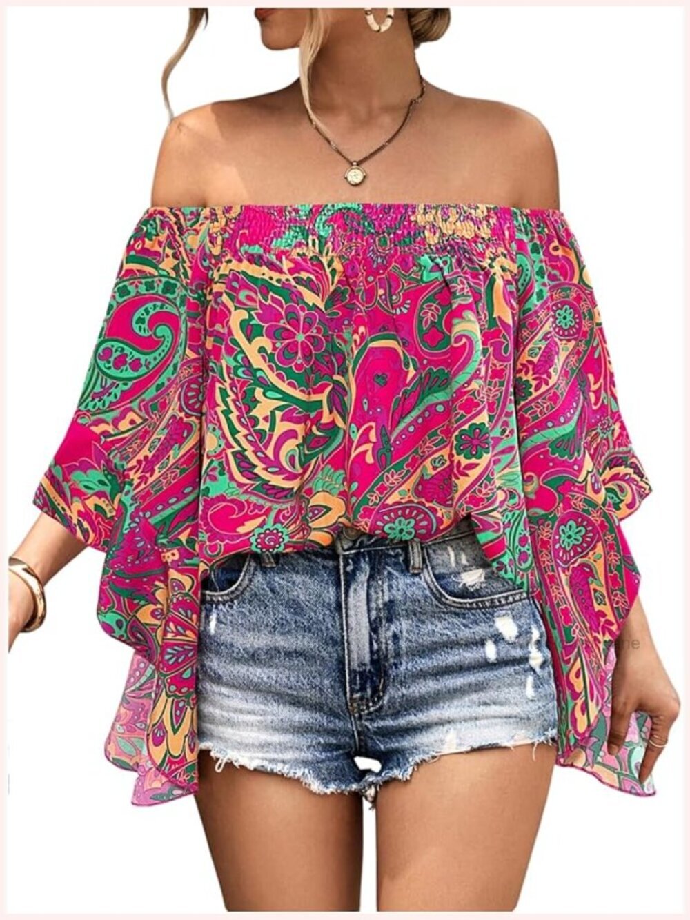 Y2K Floral Off Shoulder Blouse Boho Ruffle Half Bell Sleeve Shirred Vacation Top